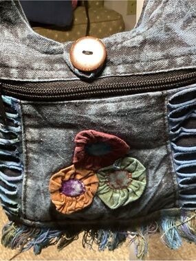 Denim Floral Applique Crossbody Bag - Blue
